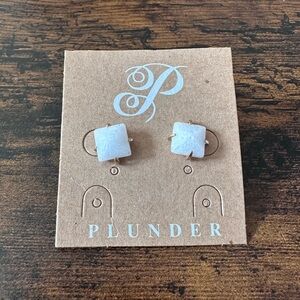 Plunder White Square Druzy Stud Earrings with Gold Prongs